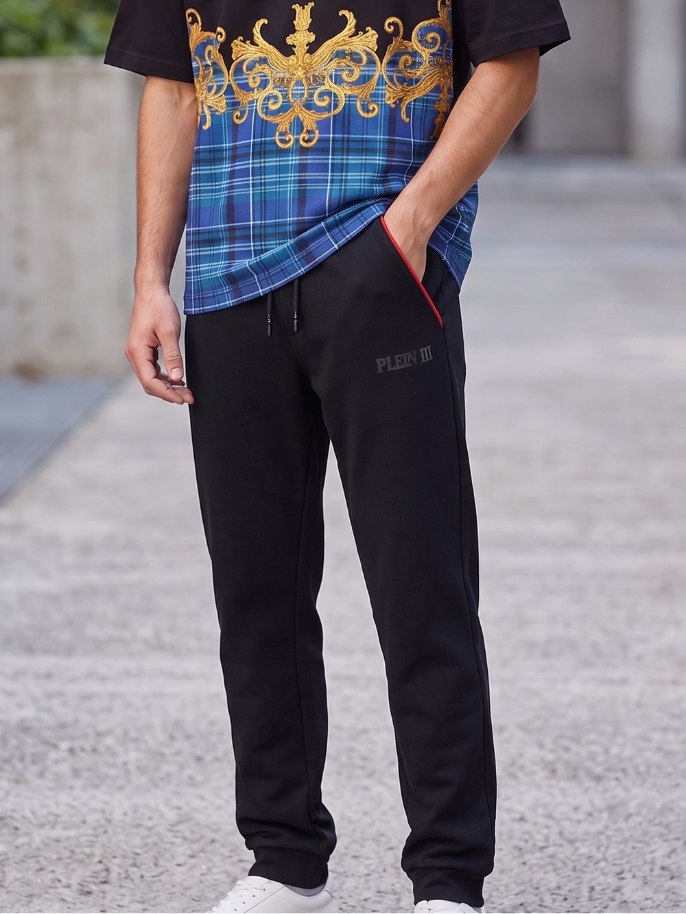 Plein Sport Black Joggers with Red Pocket Trim